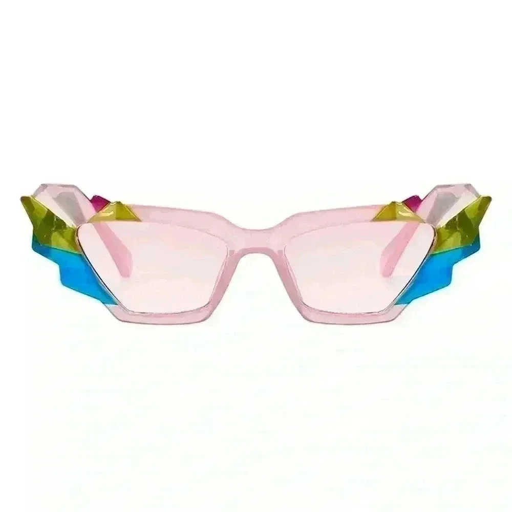 Artsy Retro 50s Exaggerated Cat Eyes Pink Sunglasses with Crystal Gem Cuts - Picture 3 of 9